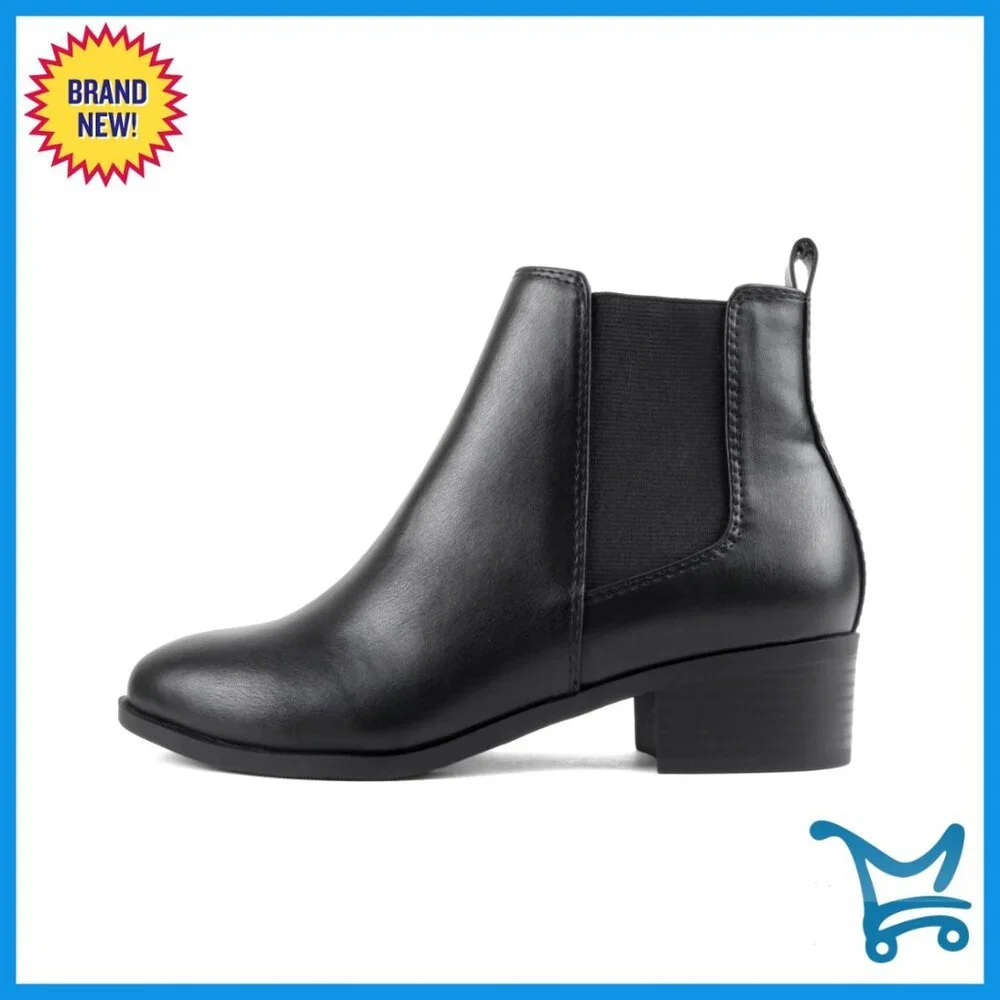 Low Stacked Heel Chelsea Ankle Booties with Elastic Gore, Vegan Pu